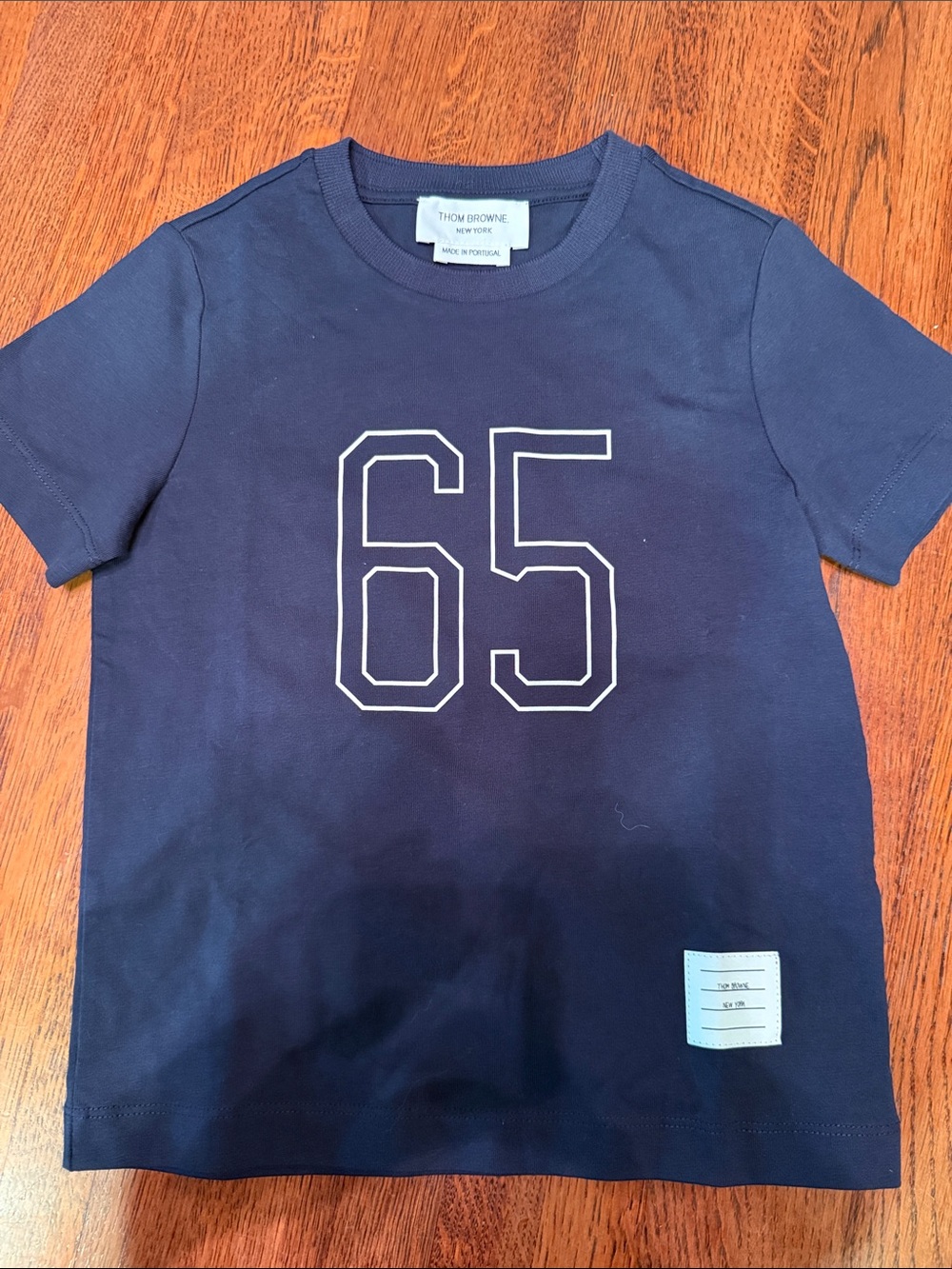 Thom Browne Navy Short Sleeve Tee with White '65' Graphic